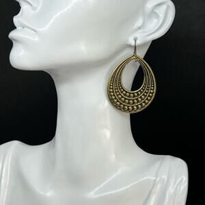 Bronze Boho Crescent Hoop Earrings Tribal Dotted Pattern Statement Drop